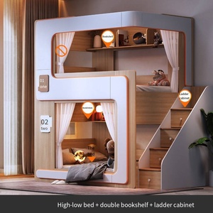 Modern Wooden Bunk Bed With LED Lighting <b>Shelves</b> and Stairs Space Saving Two Tier for Kids Room Bunk Bed - Product Image 3