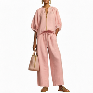 Conjunto de Dos Piezas Casual para Mujer, Color Sólido, Manga Corta, Cuello Redondo con Cierre, Blusa Holgada, Pantalones Anchos, Transpirable, para Uso Diario en Verano - Product Image 1