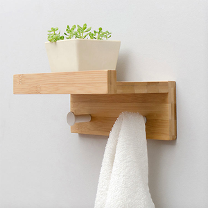 Étagère murale 2-en-1 en bambou naturel, support décoratif flottant pour serviettes de salle de bain et petites plantes en pot, décoration intérieure - Product Image 1