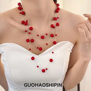 Guohaoshipin Multi Layer Red Imitation Pearl <b>Necklace</b> <b>Long</b> Chain Ball Shape Party Fashion Jewelry Women's Accessory - Product Image 1