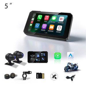 Schermo Carplay Wireless da <span class=keywords><strong>5</strong></span> Pollici per Moto, Navigatore GPS Impermeabile con Mirror Link e Android Auto, 2 Telecamere HD, <span class=keywords><strong>DVR</strong></span> E5, TPMS - Product Image 1