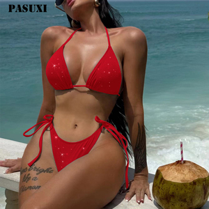 Traje de Baño Bikini de Dos Piezas para <span class=keywords><strong>Mujer</strong></span>, Sexy, Estilo Halter, Color Sólido, para Playa, Marca PASUXI - Product Image 1