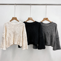 Pulls en tricot torsadé de haute qualité pour femmes, coupe courte, épaules tombantes, style oversize, pull d'automne à manches longues, tendance