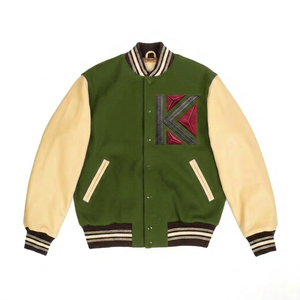 แจ็คเก็ตวาร์ซิตี้สีเบจสำหรับผู้ชาย รุ่น KVJ132 ตัวเสื้อสีน้ำเงินรอยัล แขนปักลายขนสัตว์  พร้อมแพทช์เชนิลล์  แบบปรับแต่งได้ - Product Image 6