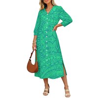 Robe chemise midi pour femme, imprimé floral tribal pacifique, avec logo personnalisé, manches boutonnées, fente latérale, style décontracté de plage, vente en gros