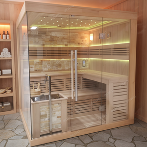 Sauna extérieur moderne en bois pour villa avec bande lumineuse <span class=keywords><strong>LED</strong></span> multicolore, structure en fer et panneau de commande de chauffage infrarouge lointain - Product Image 5