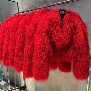 Veste courte en fourrure de mouton de Mongolie véritable, multicolores, bouclée et duveteuse pour femmes - Product Image 5