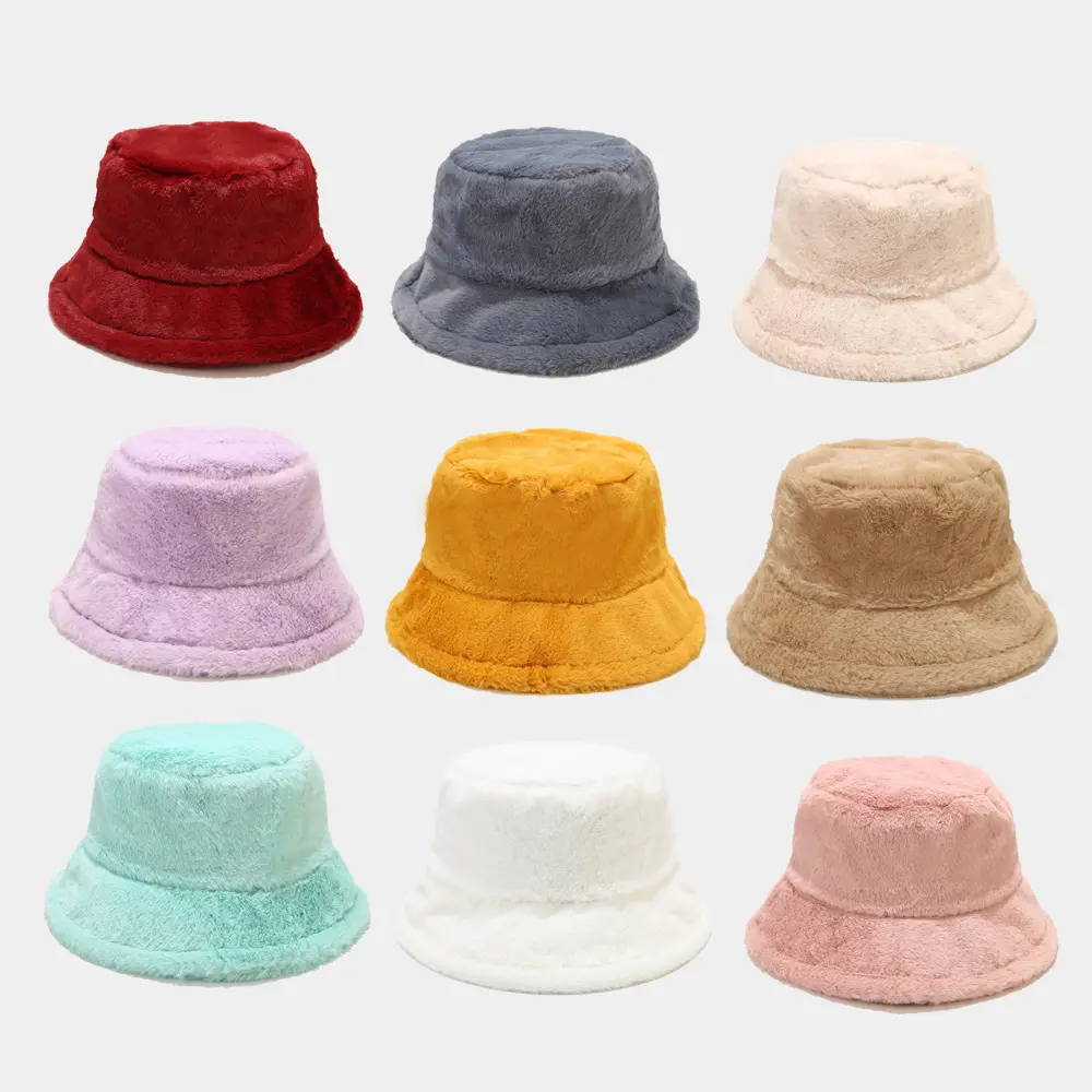 Vendita all'ingrosso di coniglio in pelliccia sintetica tinta unita alla moda stile personalizzato inverno Fuzzy imitazione pelliccia pescatore cappello a secchiello per le donne