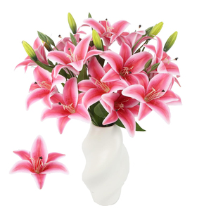 Fleurs décoratives pour la maison, fleurs artificielles de haute qualité à 3 têtes, lys faites à la main pour mariage, fête des mères, hôtel, décoration de salon - Product Image 1