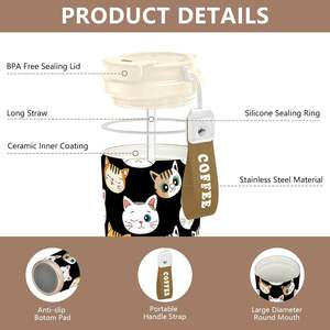 Schattige Kattengezichten Geïsoleerd Roestvrijstalen Tuimelaar Cilindrisch Koffiekopje Met Deksel Trekken & Riem Handvat Reisdrinkwaren Voorraad - Product Image 4