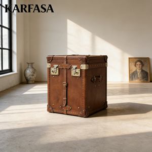 <span class=keywords><strong>Coffre</strong></span> de rangement en cuir brun de style rétro américain vintage classique avec logo personnalisé et serrure, meubles de salon - Product Image 1