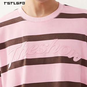 T-shirt à manches longues rayé rose en coton tricoté léger 100% avec broderie 3D, col rond, coupe oversize, style streetwear hip-hop - Product Image 4