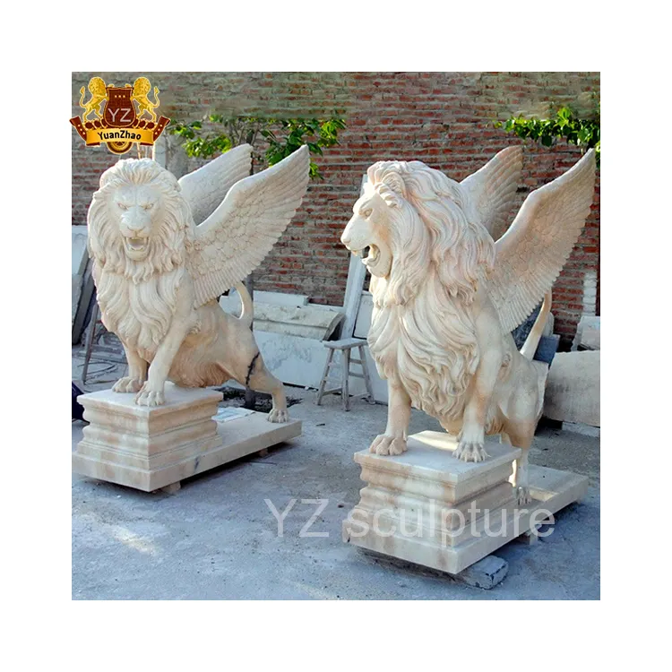 Estatua de león de piedra de mármol Natural tallada a mano para jardín, estatua de granito de estado de León derecho e izquierdo, estatua de leones de mármol alado