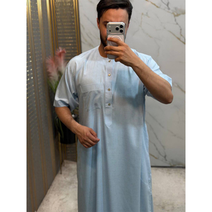 Modern Arabic Style Moroccan Cotton <b>Thobe</b> Prayer Robe Short Sleeve Round Neck Button Chest Pocket - Product Image 5