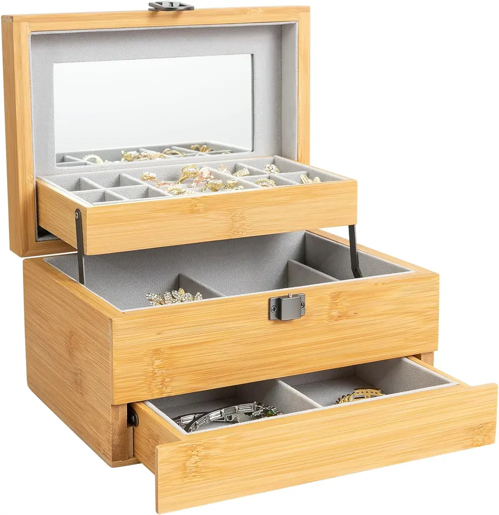 Natürliche Luxus Holz Schmucks cha tulle mit Spiegel 3 Schichten Schmuck Organizer mit Schloss Schmuck Aufbewahrung koffer für Mädchen Frauen Geschenk