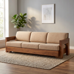 Minimalist Teak Wood Executive Lounge Settee with Premium Beige <b>Upholstery</b> - Product Image 2