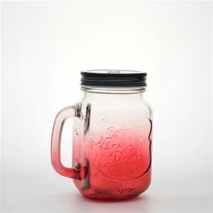 2024 Hot Sale Wholesale Colored Emboss Glass Mason Jars Cup With Handle And Straw Glass Bottles