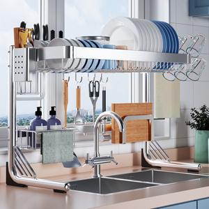 Adjustable 2 tier stainless steel kitchen storage organizer shelf dish drying rack over the sink dish drainer rack
