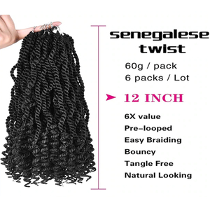 Trenzas pretorcidas de ganchillo onduladas senegalesas de 12 pulgadas <span class=keywords><strong>con</strong></span> extremos ondulados Extensión de cabello sintético para mujeres negras - Product Image 3