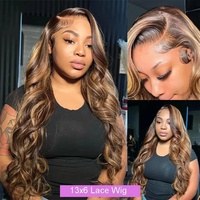 Perruque en cheveux humains ondulés blond miel avec mèches, frontale en dentelle HD, sans colle, en cheveux indiens bruts, effet ombré