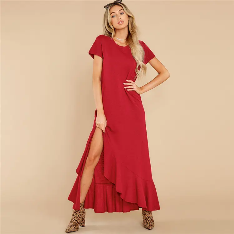 Fashion Short Sleeve Ruffle Clothing Women Casual Red Maxi Dresses Loose Solid Long Skirt
