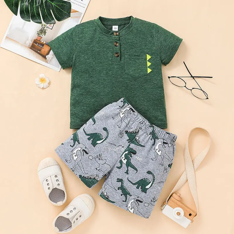 2023 Summer Little Boys Clothes Kids Wear Cartoon Dinosaur Printed Short Sleeve T Shirts Shorts 2Pcs Children Clothing Set