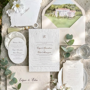 Juego de invitaciones de boda de lujo con relieve floral 3D, diseño artístico, sobres personalizados con diseño de paisaje y tarjeta ornamental troquelada. - Product Image 1