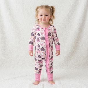 Jolie tenue d'automne pour bébés filles, imprimé citrouille, manches longues, fermeture éclair, col rond, volants doux - Product Image 1