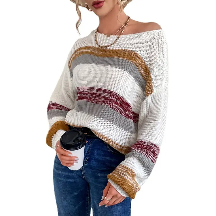 Custom logo FNJIA Striped knit sweater Europe and America crew neck pullover fall and winter women's sweaters