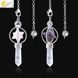 CSJA Natural Stone Chakra Merkaba Star Reiki Healing Pendulum Crystal Pointed Hexagon Dowsing Pendulum Pendant Meditation F770