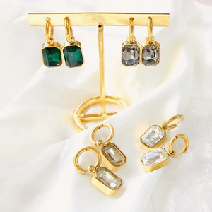 Pendientes de Aro de Cristal con Engaste Geométrico, Acero Inoxidable, Uso Diario, Tono Dorado - Product Image 1