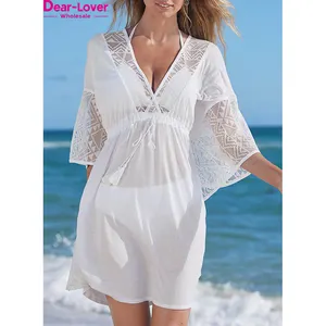 Sevgili-sevgilisi özel Logo plaj elbise Beachwear dantel yama Kimono kollu püskül İpli plaj örtbas