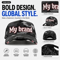 Casquette de baseball 5 panneaux en coton premium avec logo brodé personnalisé, appliqué camouflage, effet vieilli et déchiré, motif lettre courante