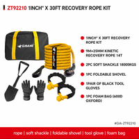 Kit de récupération tout-terrain 4x4 avec corde cinétique 9M x 25MM 14T, manilles souples, pelle pliable, gants et sac en mousse