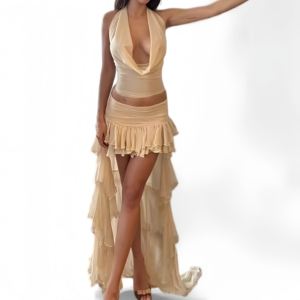 Vestido sexy de <span class=keywords><strong>dos</strong></span> <span class=keywords><strong>piezas</strong></span> con cuello halter, espalda descubierta, volantes asimétricos y cola, ideal para fiestas, bodas o eventos de noche. - Product Image 2