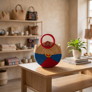 Panier rond en herbe tressé à la main avec garniture festive et poignée, rangement élégant et écologique d'Orissa - Product Image 6