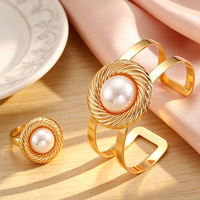 Ensemble de 2 pièces, style européen et américain élégant, ouverture réglable, bracelet en métal torsadé avec perles, ensemble de bagues pour femmes