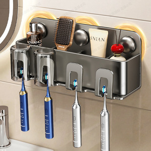 Bathroom Suction Cup <b>Toothbrush</b> <b>Holder</b> <b>Wall</b> <b>Mounted</b> Electric <b>Toothbrush</b> And Mouthwash Cup Storage Rack No Drilling Required - Product Image 2