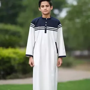 Ramadan Middle East Muslim Arab Dubai Men's Patchwork Boys' Contrast Button Stripe Junior Boys' Robe Arab Thobe