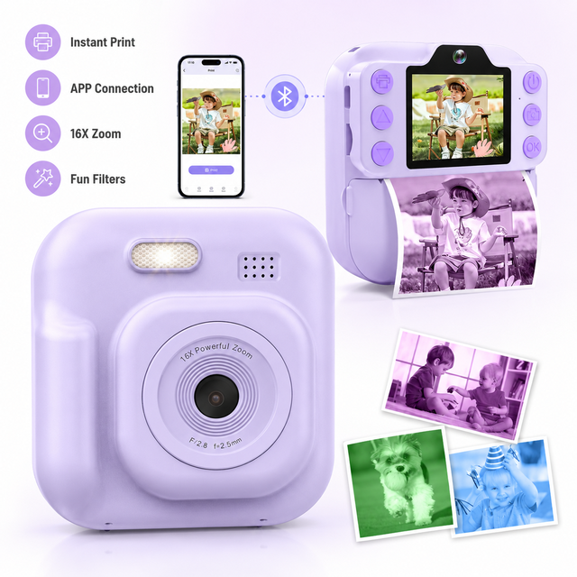1080P Kids Instant Print Camera with Thermal Printer 2.4 Inch IPS Screen Built-in LED Digital Camera for Children