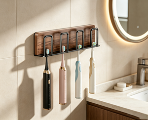 Black Drill-Free Durable Traditional Toothbrush Holder Wall-Mounted Bathroom Storage <b>Rack</b> for Toothbrushes & Mouthwash Cups - Product Image 2