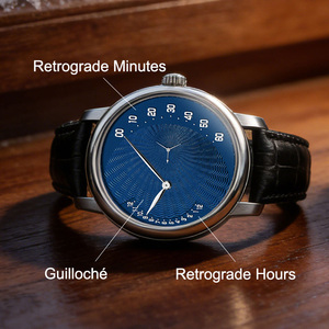 ผู้ผลิต OEM นาฬิกาจักรกลแบบกำหนดเอง รุ่น 8215 ระบบอัตโนมัติ หน้าปัดแบบ Retrograde แสดงชั่วโมงและนาที  หน้าปัด Guilloche ตัวเรือนสแตนเลส กระจกแซฟไฟร์ - Product Image 2