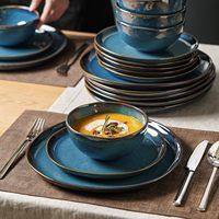EKA 12 Pièces – Ensemble de Vaisselle en Grès Bleu Personnalisé – Assiettes et Bols en Céramique – Services de Table de Luxe