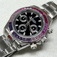 Montre chronographe à quartz pour homme de 39 mm avec lunette en cristal rose personnalisée, boîtier en acier massif compatible avec le mouvement VK63, MOQ 1