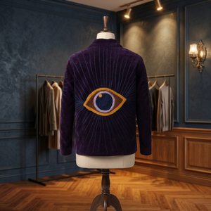 <b>Purple</b> <b>Velvet</b> Jacket, Evil Eye Embroidery, Mystic Embroidered Coat, Bohemian Statement Outerwear, Celestial Clothing, Festival - Product Image 2