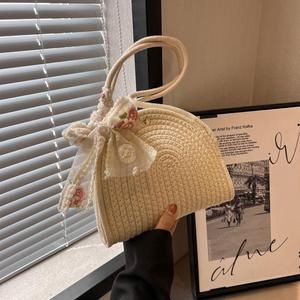 Purple Woven Round Shoulder Bag With Floral <b>Bow</b> Magnetic Closure Women's Crossbody Bag Summer 2023 Portable Beach Bag - Product Image 3