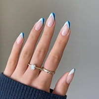 Faux ongles en gros, bleu et blanc diagonaux, forme amande, brillants, pour usage quotidien en salon, OEM