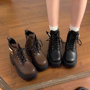 New Arrivals Women's Korean Leather Lace-up Ankle & <b>Bootie</b> Boots High Chunky Heel Buckle Fleece Lined Fashion Designer Winter - Product Image 3