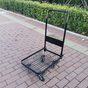 Flatbed Handcart Steel Mesh <b>Four</b>-<b>Wheel</b> Single Layer Shopping <b>Trolley</b> Black Portable Folding Logistics Cart - Product Image 4