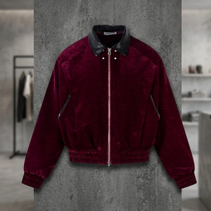 Custom <b>Men's</b> Burgundy <b>Velvet</b> <b>Jacket</b> With Black Leather Collar Luxury Warm Winter Zip-Up Oversized Streetwear Varsity <b>Jacket</b> - Product Image 2